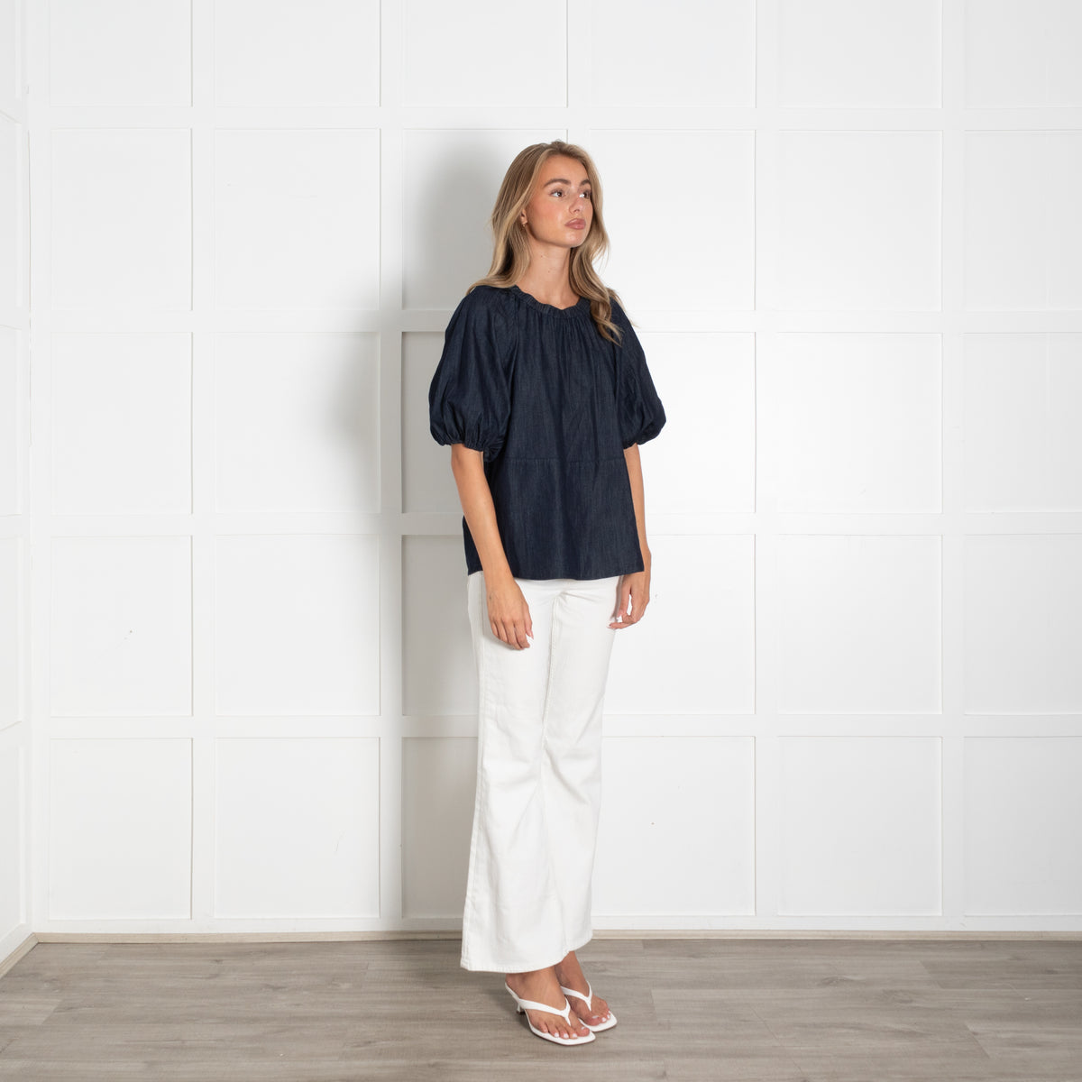 S MaxMara Denim Top With Elasticated Neck And Sleeve And Black Bead Neck Detail