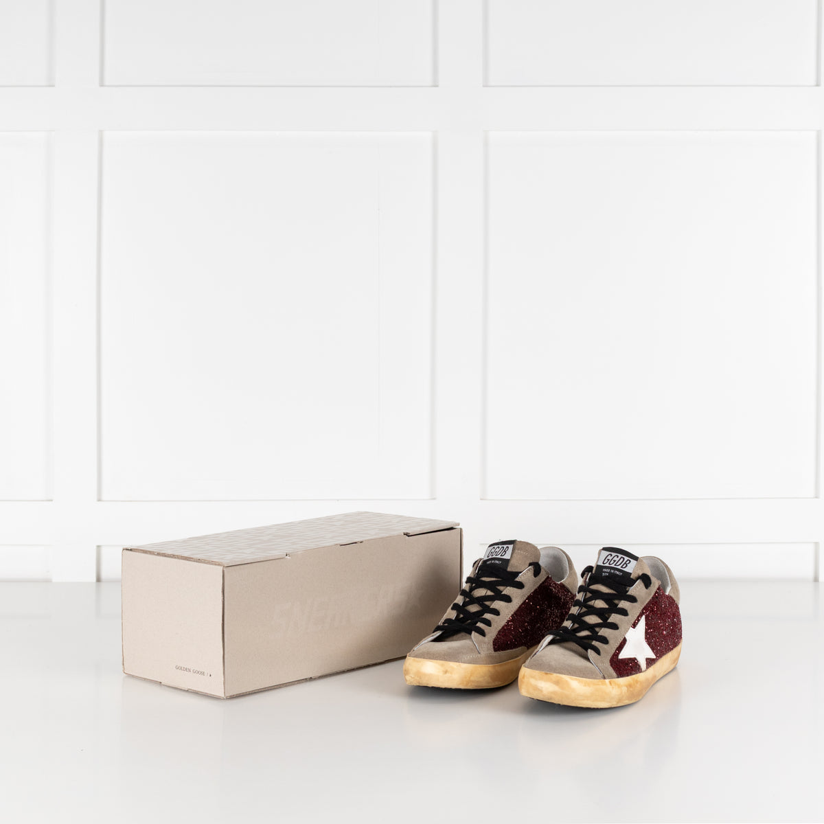 Golden Goose Super-Star Beige And Burgundy Sparkle Trainer
