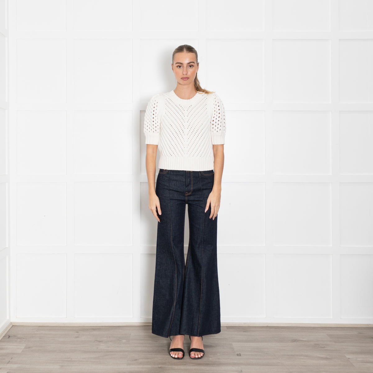 Me + Em Fresh White Cotton Chevron Pouf Sleeve Top