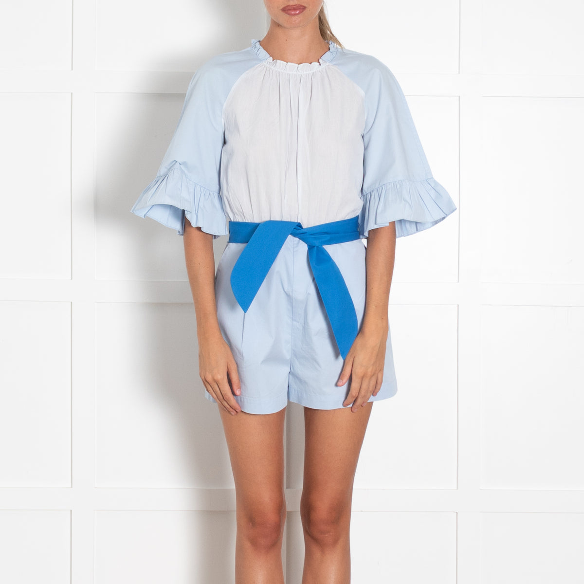 Sandro Light Blue Striped Bodice Frill Trim Playsuit With Belt