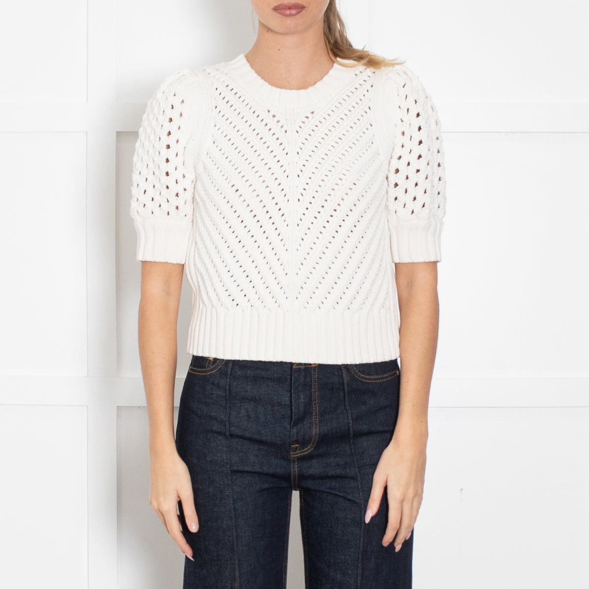 Me + Em Fresh White Cotton Chevron Pouf Sleeve Top