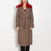Maison Lener Brown And Black Prince of Wales Check Coat With Rust Faux Fur Collar