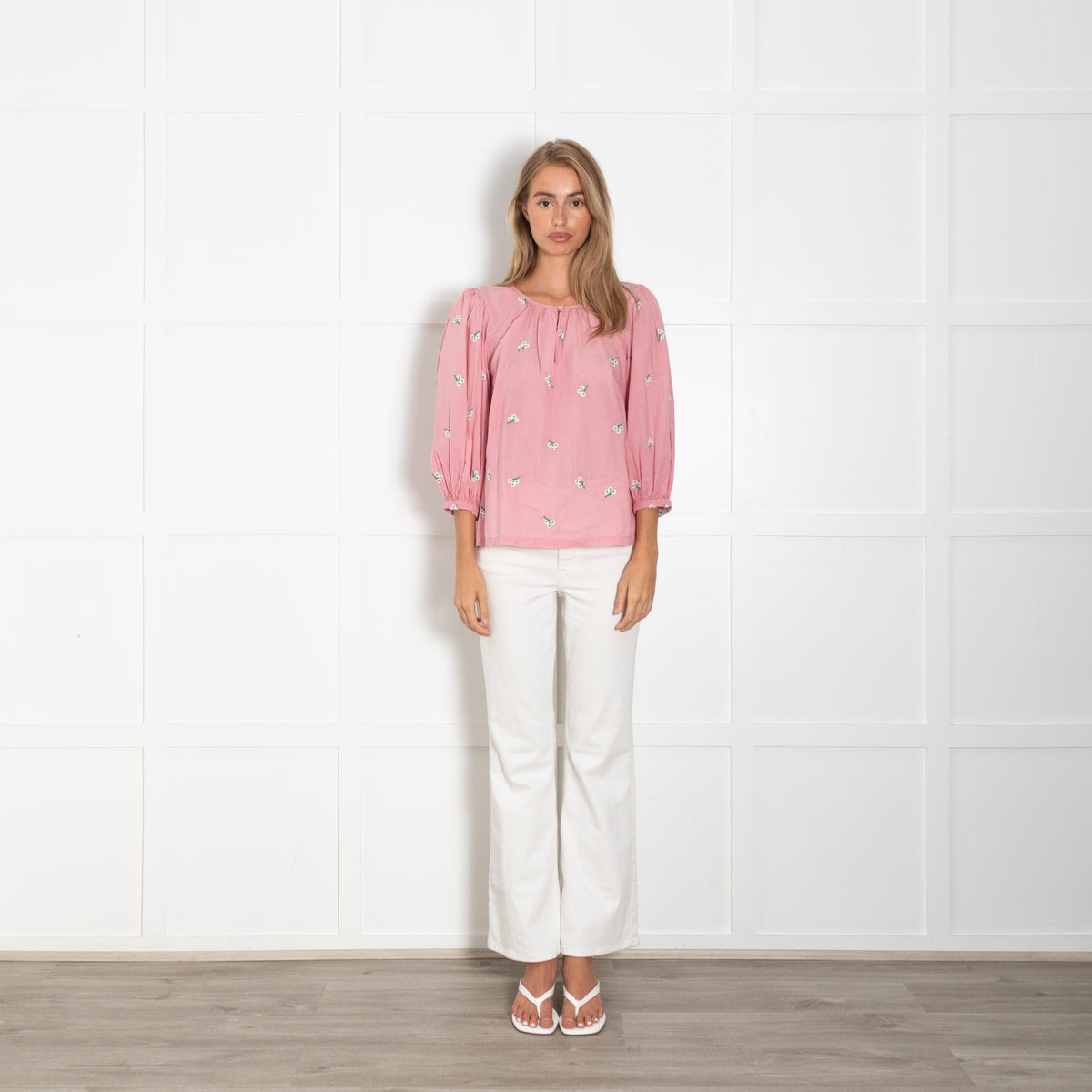 Wyse Pink White Green Embroidery Cotton Top