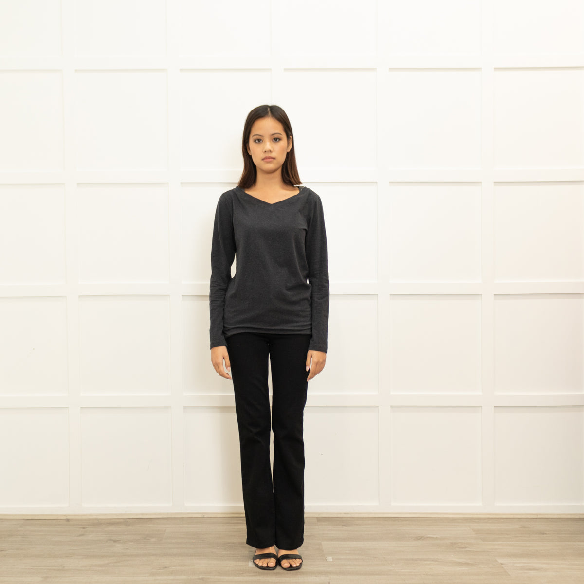 Brunello Cucinelli Grey Long Sleeve Cotton Top Sequin Detailing On Neckline