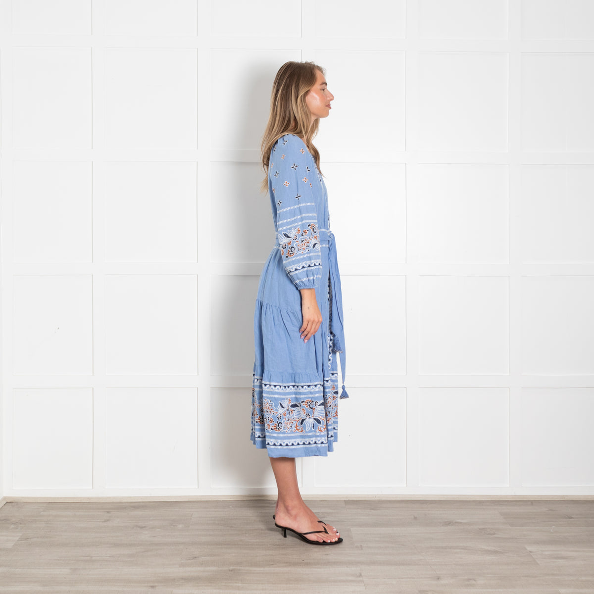 Veronica Beard Sky Blue White Navy Brown Embroidery Maxi Dress