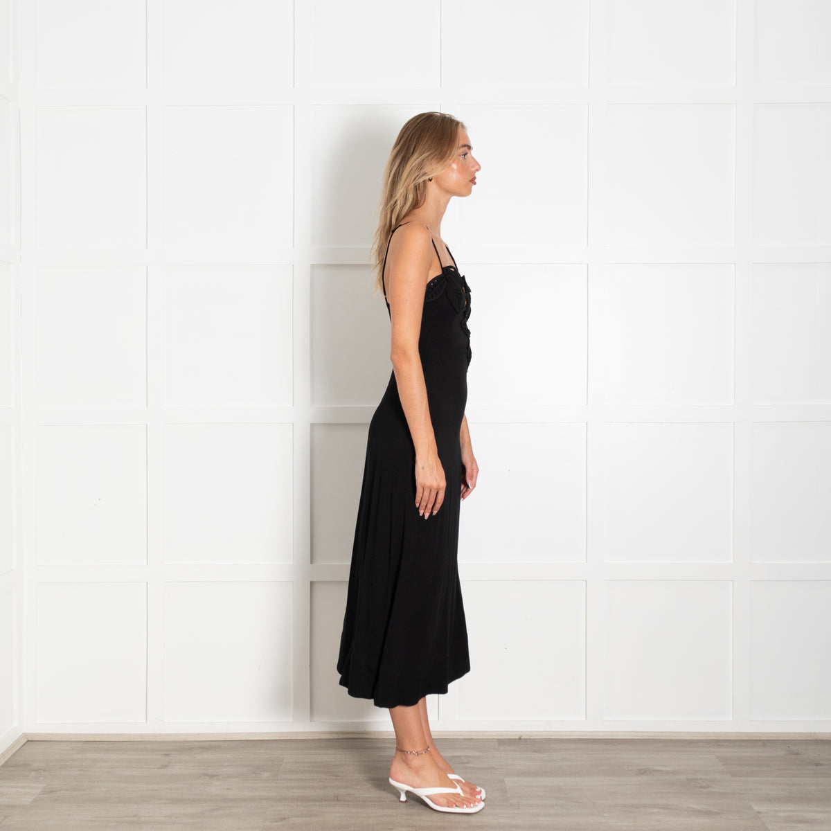 Farm Rio Black Floral Applique Midi Dress