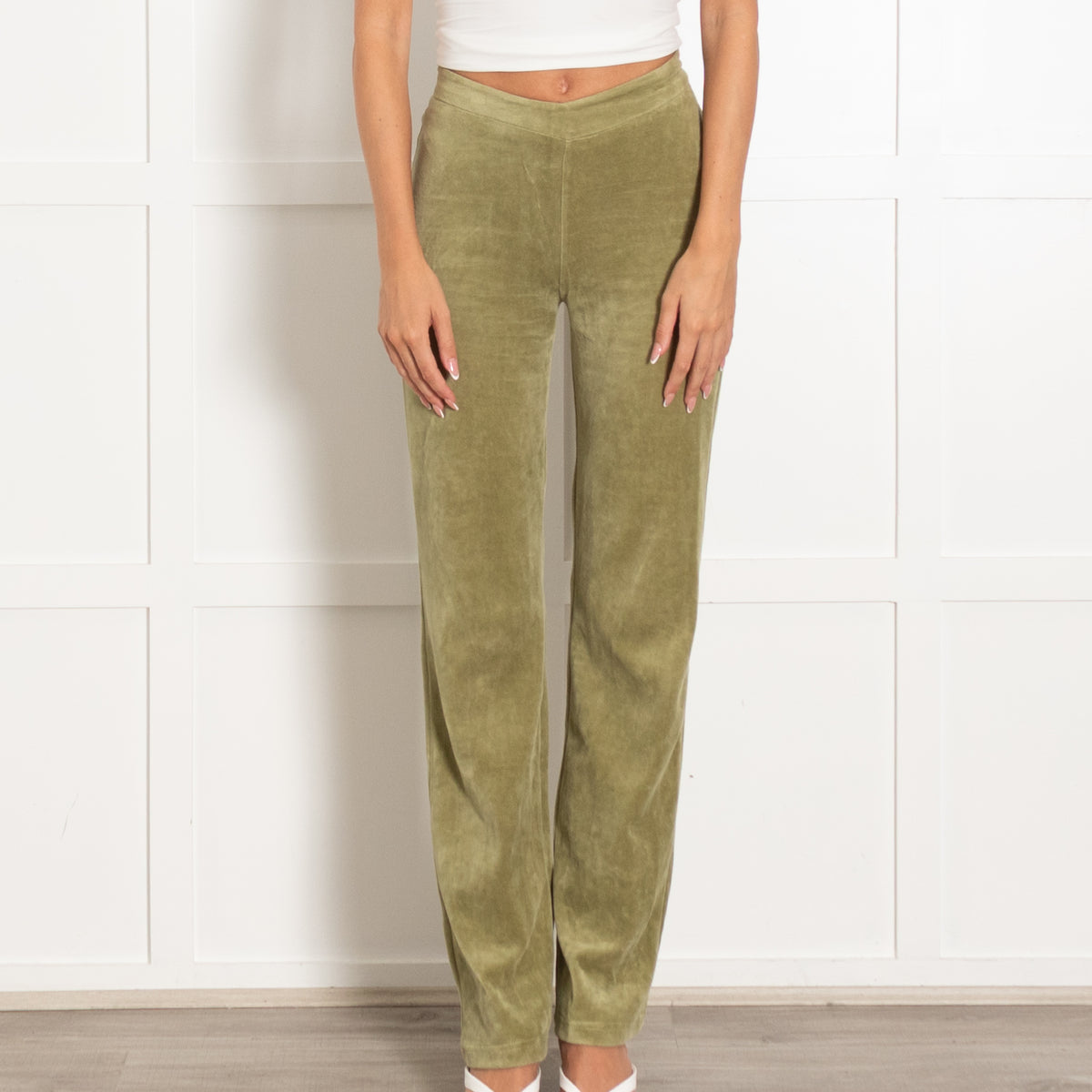 Peachy Den Green Flare Velour Trousers
