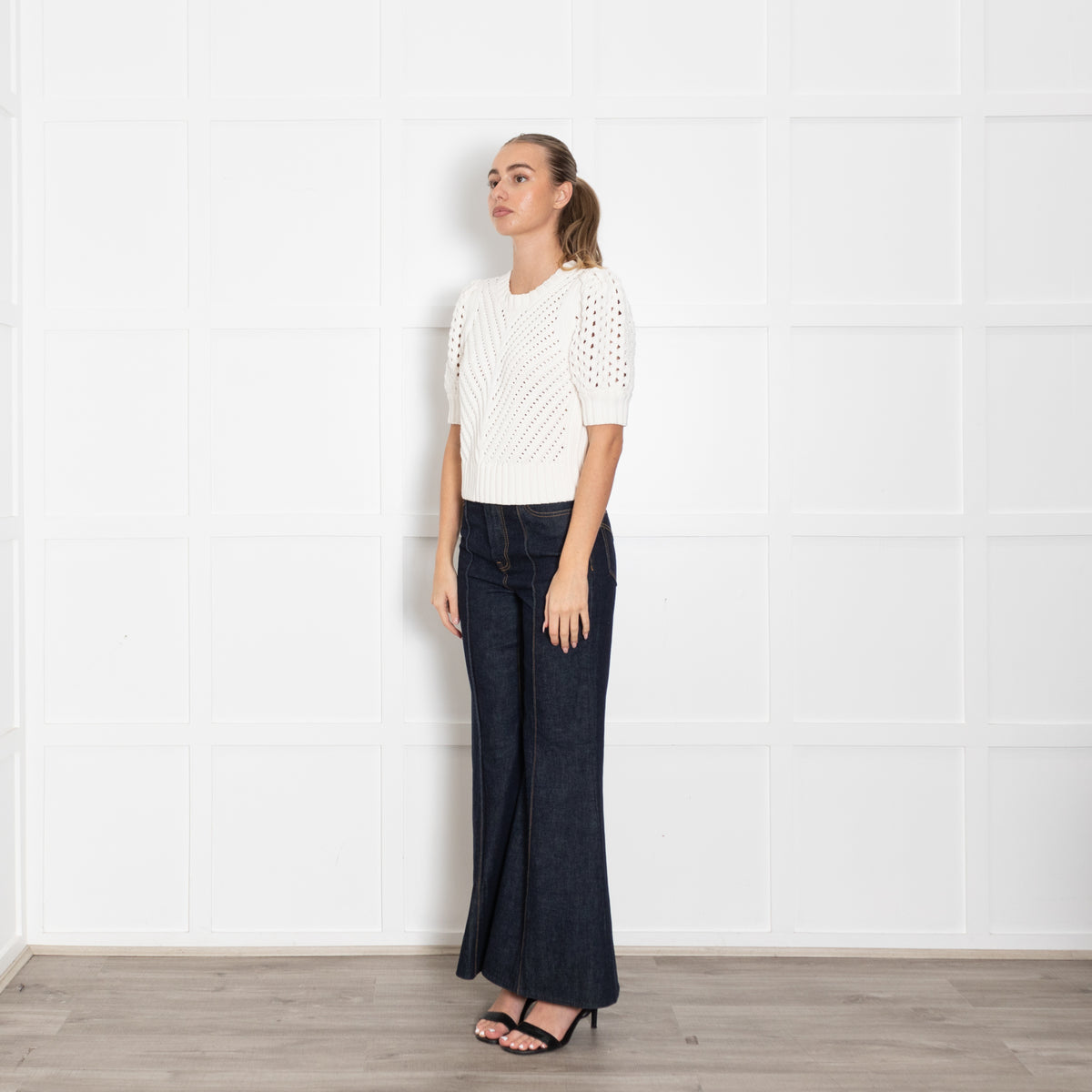 Me + Em Fresh White Cotton Chevron Pouf Sleeve Top