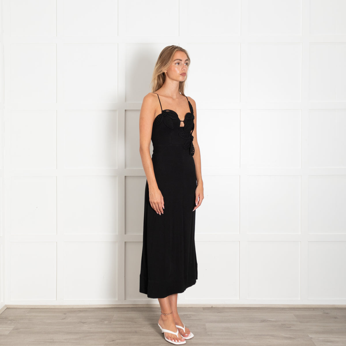 Farm Rio Black Floral Applique Midi Dress