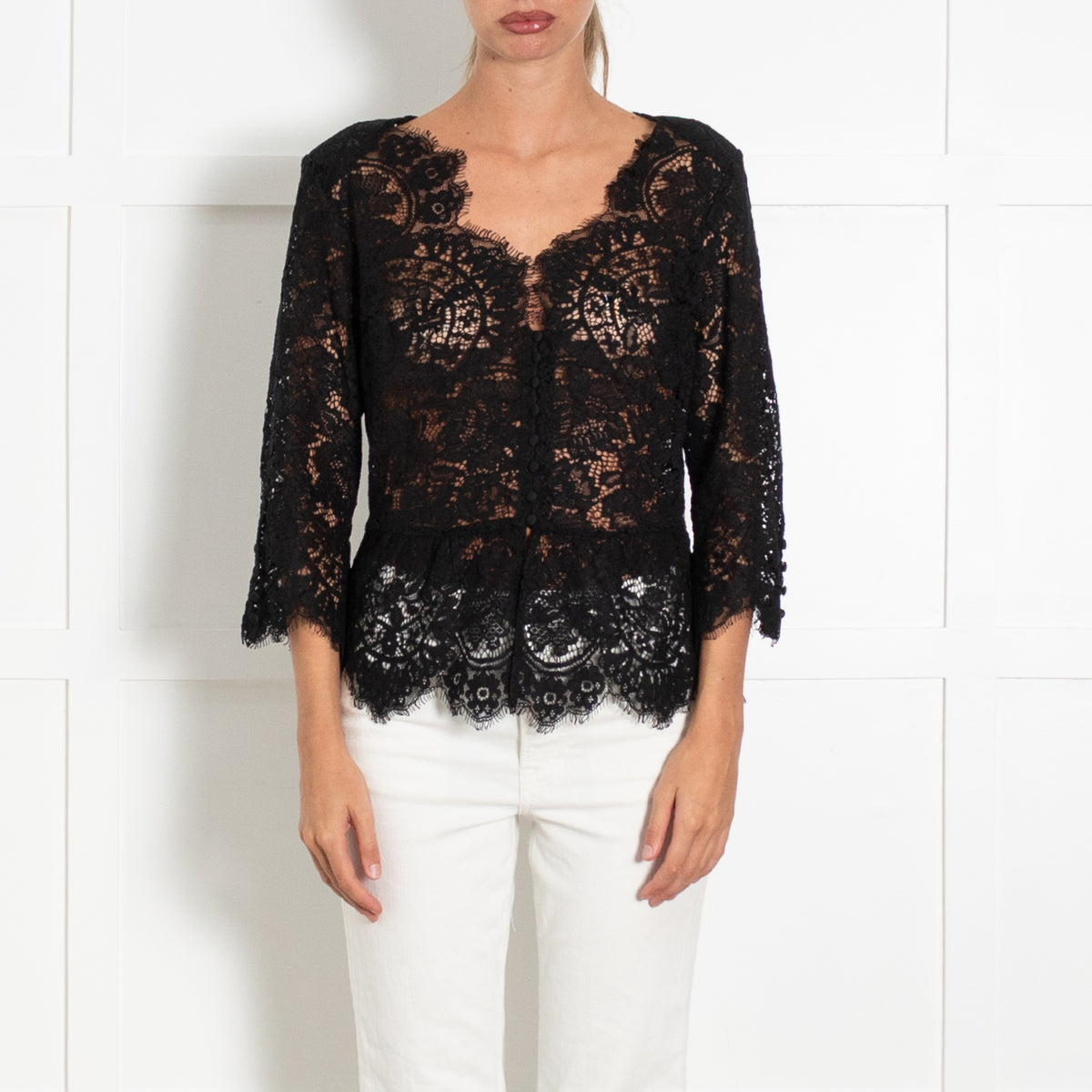 The Kooples Black Lace, Button Front, Long Sleeve Top