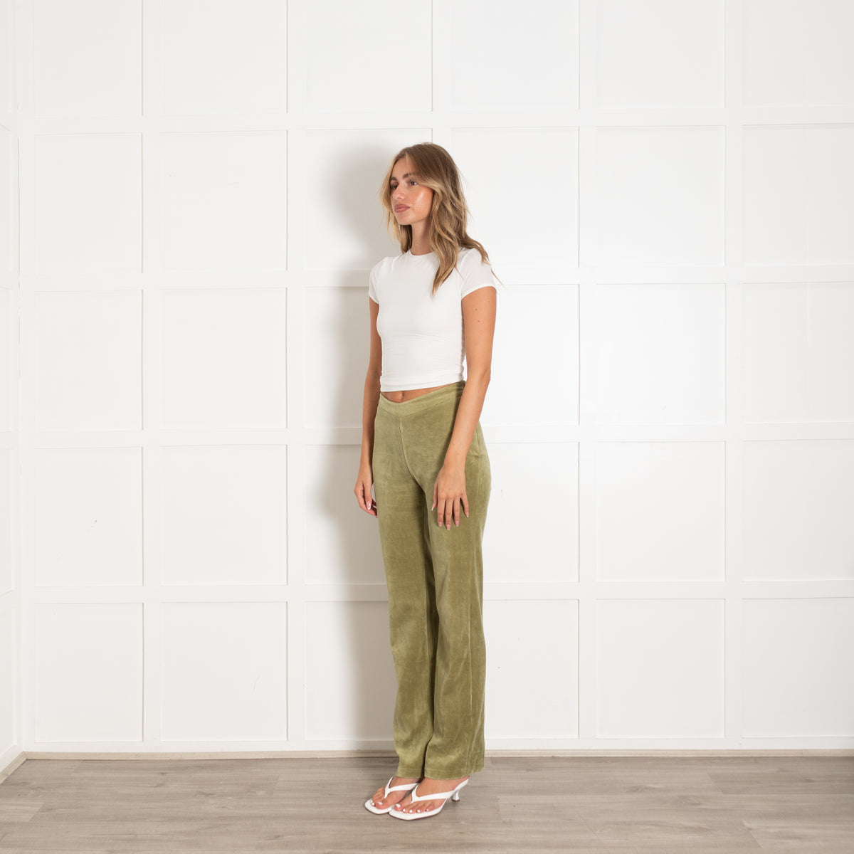 Peachy Den Green Flare Velour Trousers
