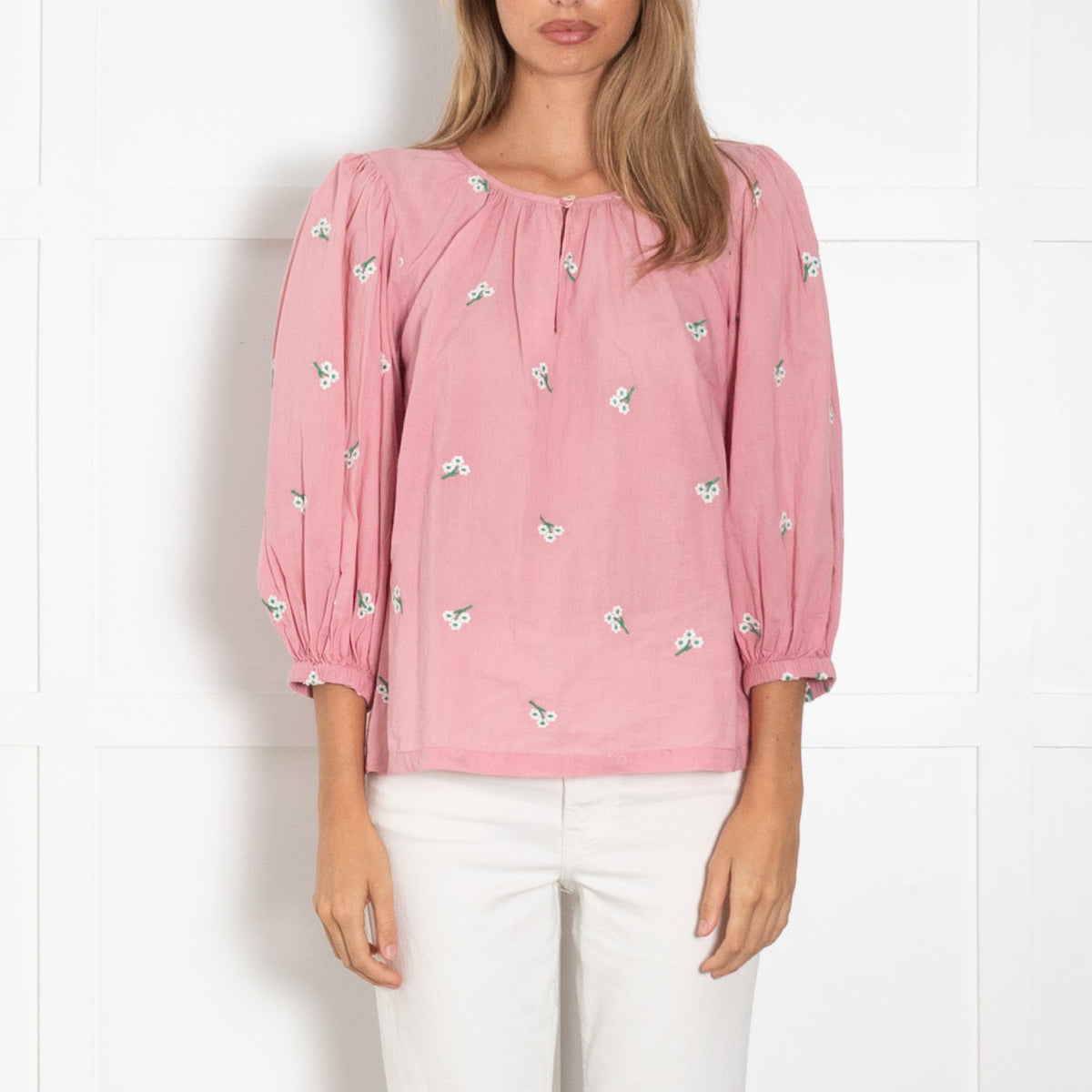 Wyse Pink White Green Embroidery Cotton Top