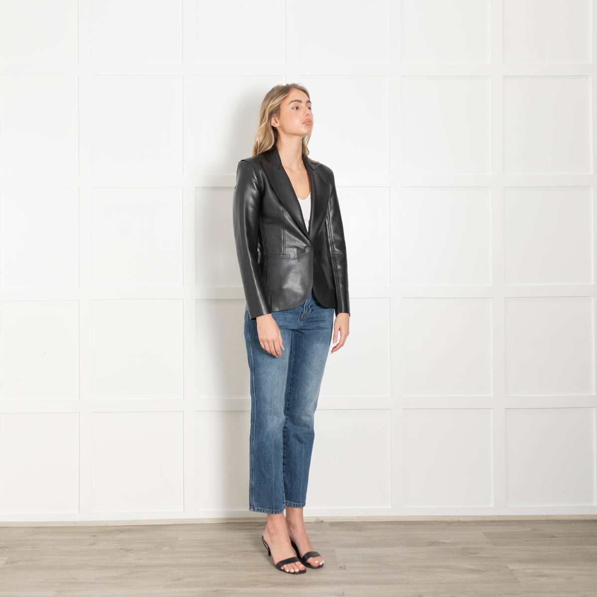 Norma Kamali Black Single Breasted Faux Leather Blazer Jacket