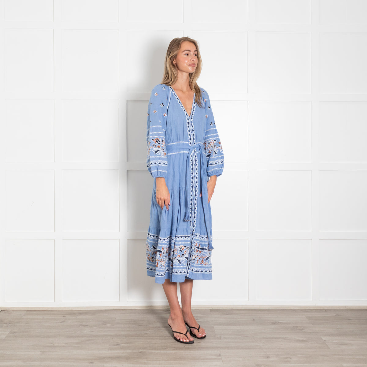 Veronica Beard Sky Blue White Navy Brown Embroidery Maxi Dress