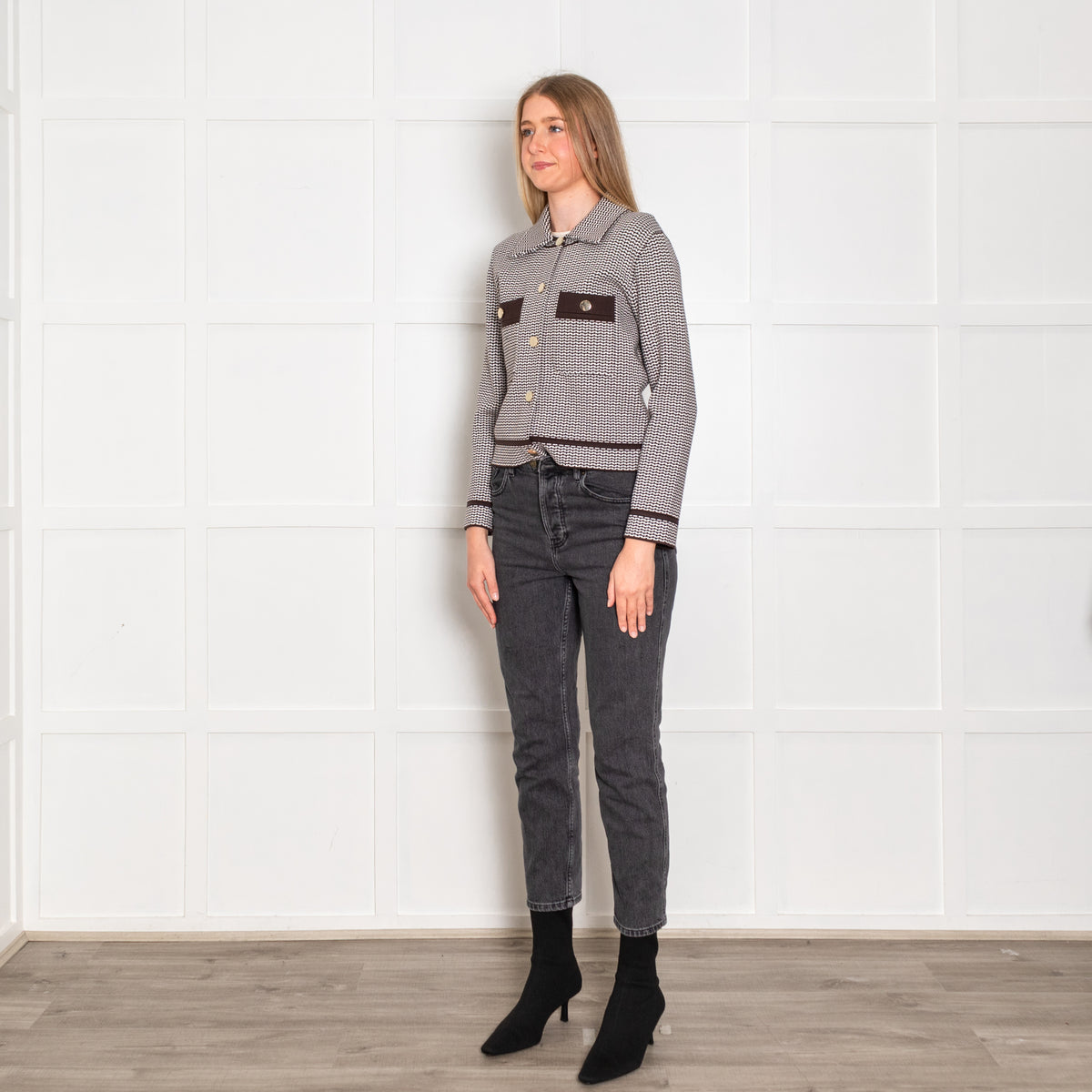 Claudie Pierlot Brown and White Stretch Knit Jacket with Gold Buttons