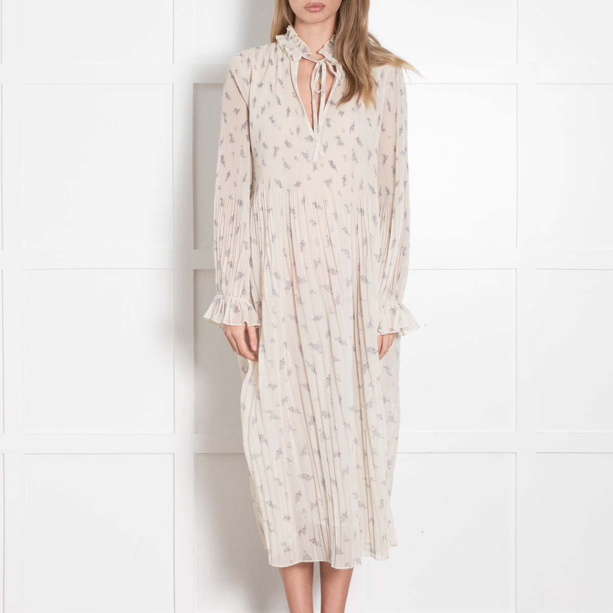Ganni Cream Lilac Pleated Dress