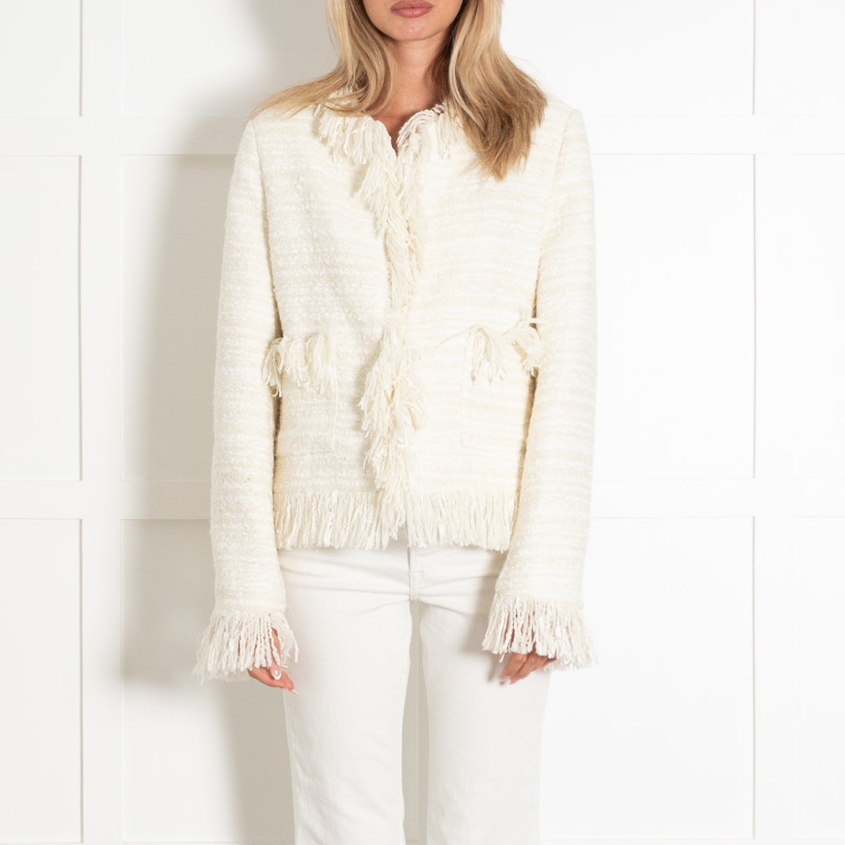 Essentiel Antwerp Cream Tweedy Fringe Trim Jacket