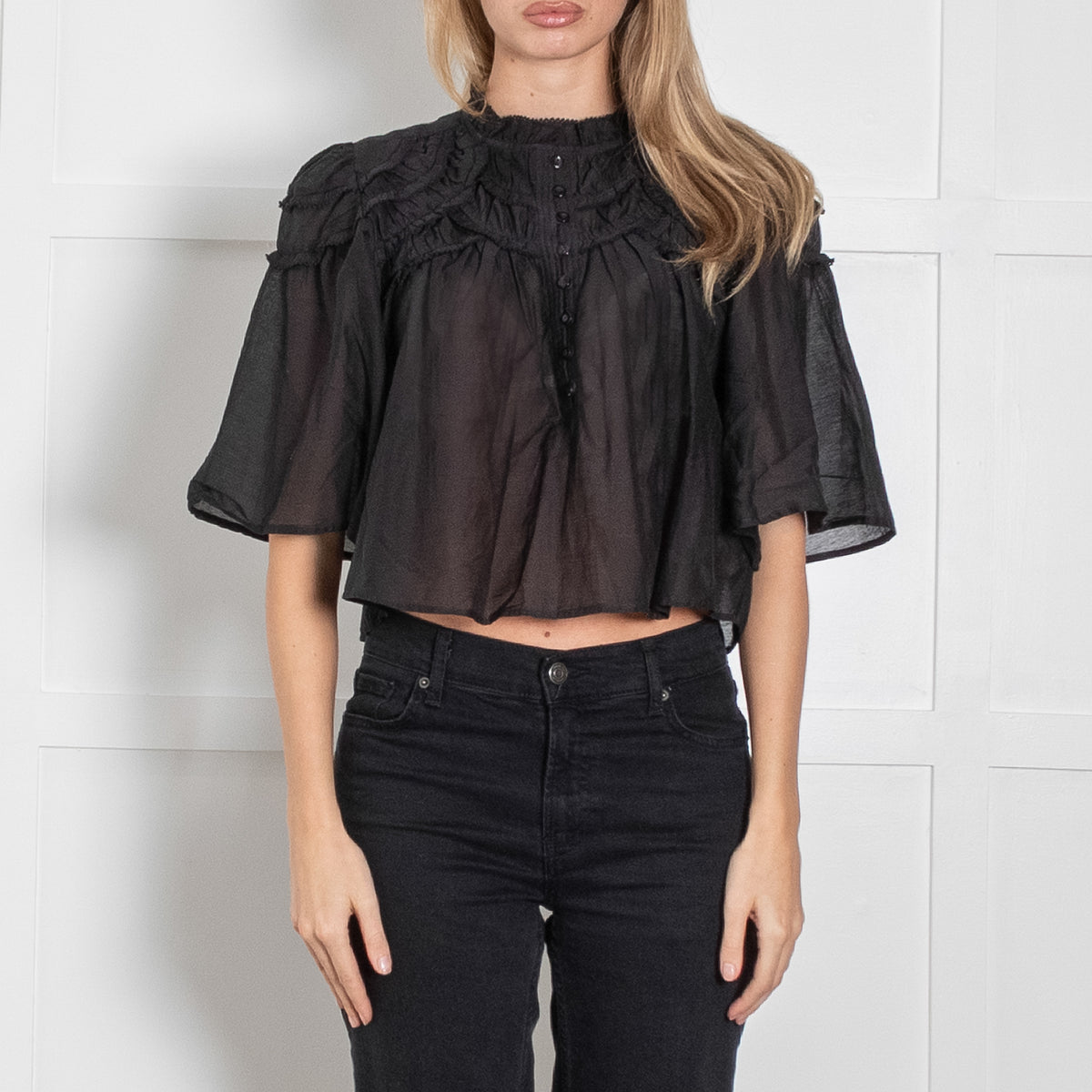 Marant Etoile Black Cotton Cropped Frill Top