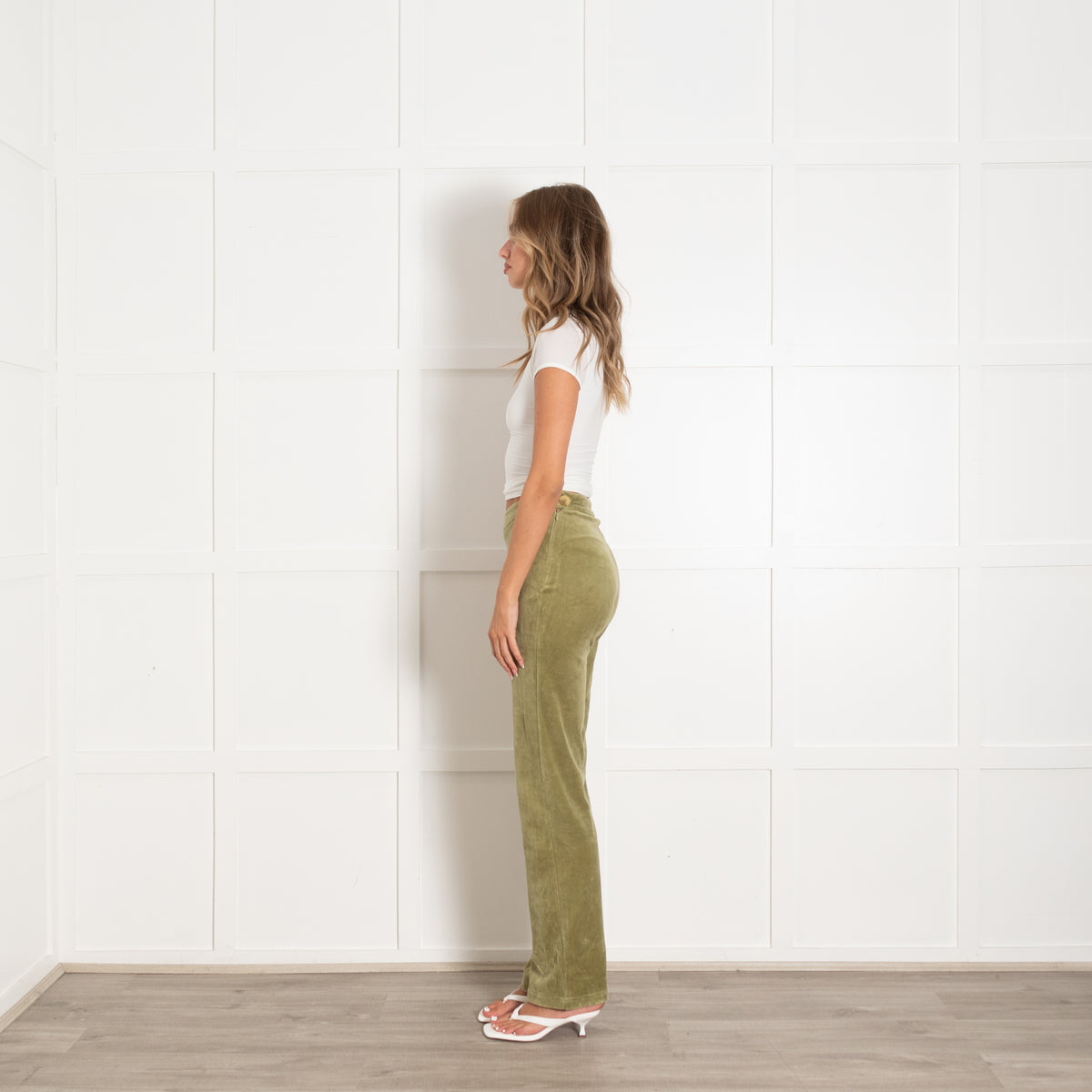 Peachy Den Green Flare Velour Trousers