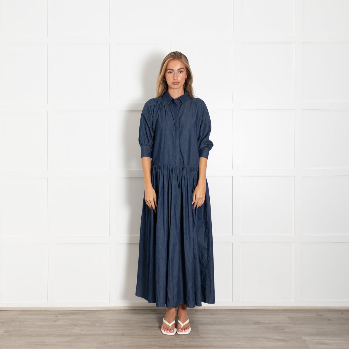 Marielle Dark Chambray Maxi Dress With 3/4 Sleeve