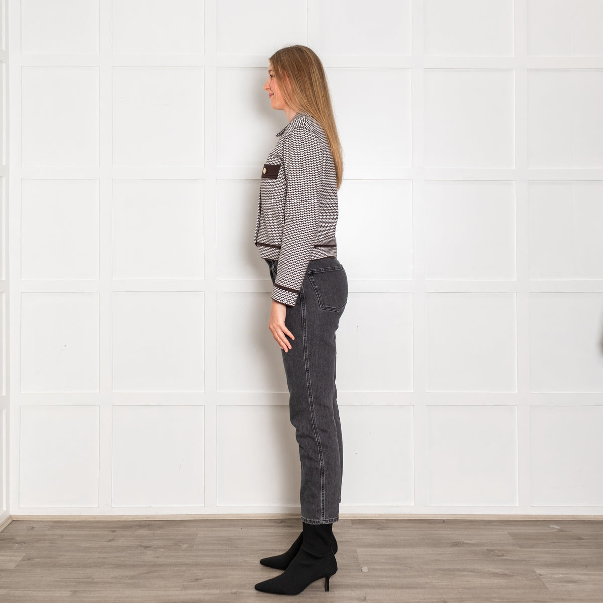 Claudie Pierlot Brown and White Stretch Knit Jacket with Gold Buttons