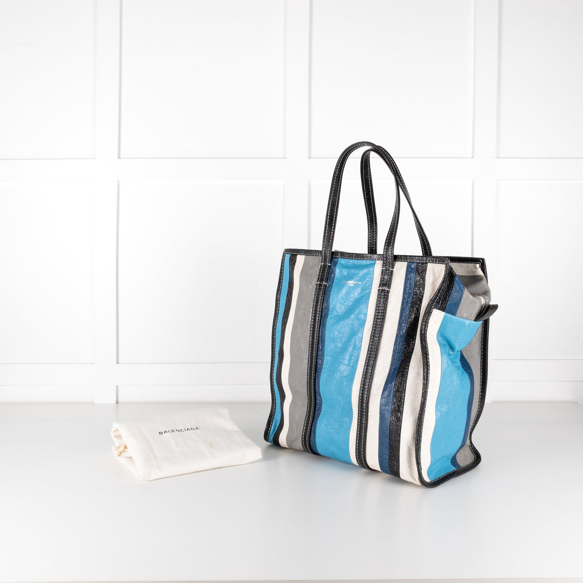 Balenciaga Blue White Grey Stripe Bazar Large Tote