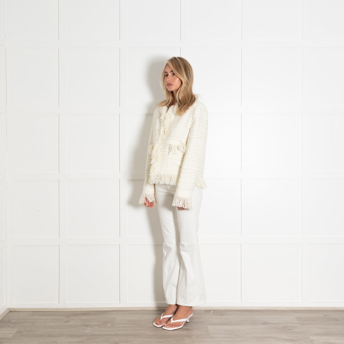 Essentiel Antwerp Cream Tweedy Fringe Trim Jacket
