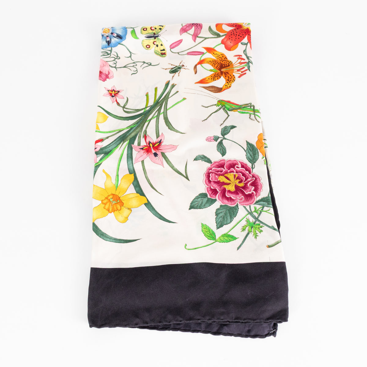 Gucci White Black Multi Floral Silk Square Scarf