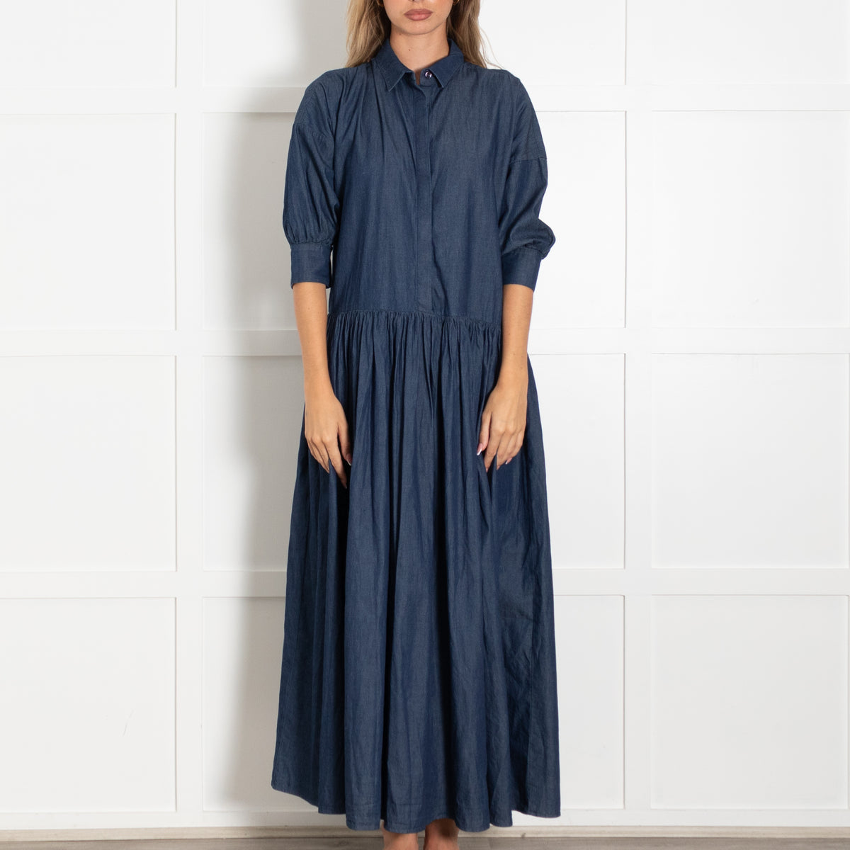 Marielle Dark Chambray Maxi Dress With 3/4 Sleeve