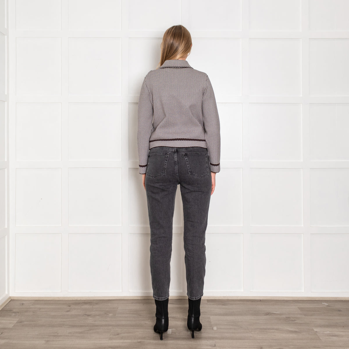 Claudie Pierlot Brown and White Stretch Knit Jacket with Gold Buttons