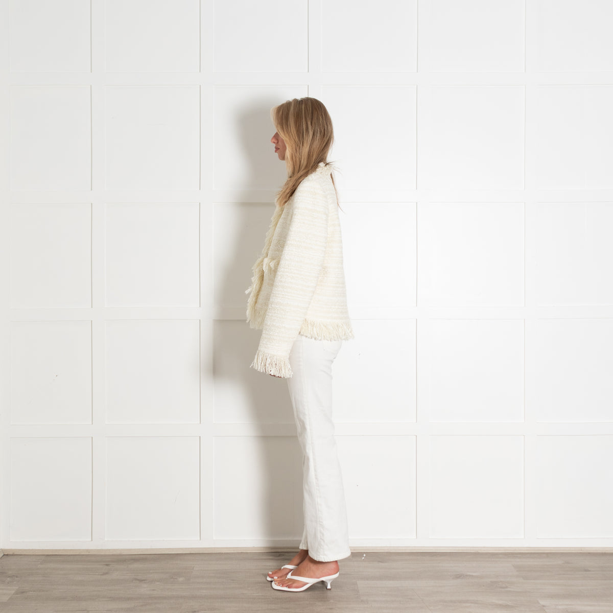 Essentiel Antwerp Cream Tweedy Fringe Trim Jacket
