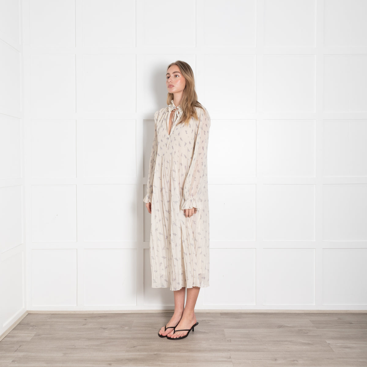 Ganni Cream Lilac Pleated Dress