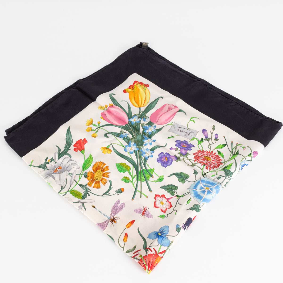 Gucci White Black Multi Floral Silk Square Scarf