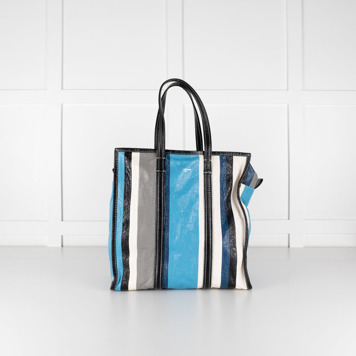 Balenciaga Blue White Grey Stripe Bazar Large Tote