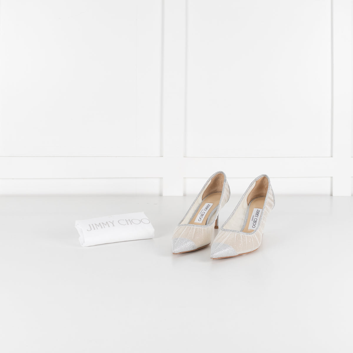 Jimmy Choo Silver Glitter Mesh Pointy Heeled Shoes
