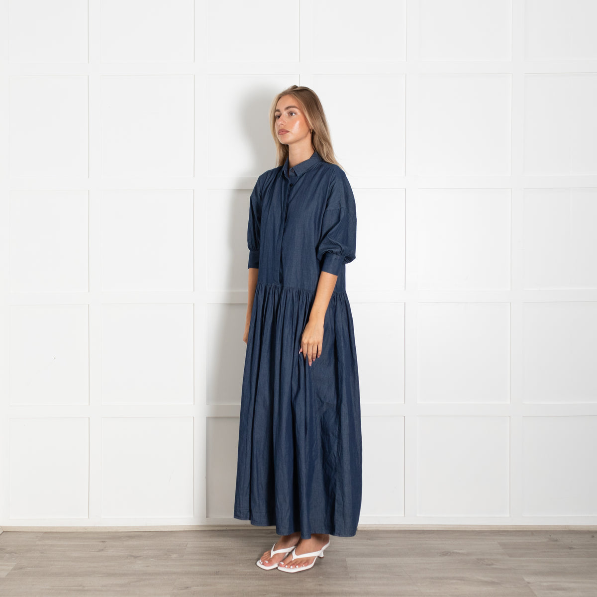 Marielle Dark Chambray Maxi Dress With 3/4 Sleeve