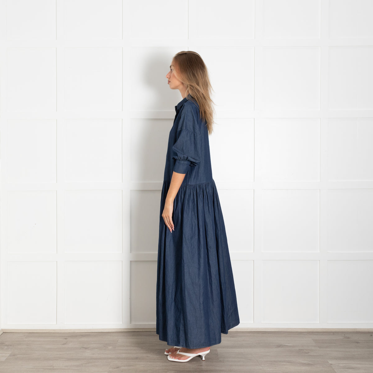 Marielle Dark Chambray Maxi Dress With 3/4 Sleeve