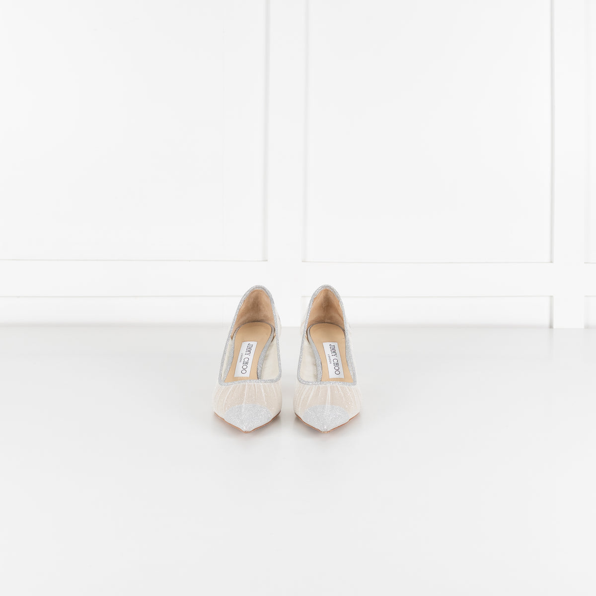 Jimmy Choo Silver Glitter Mesh Pointy Heeled Shoes