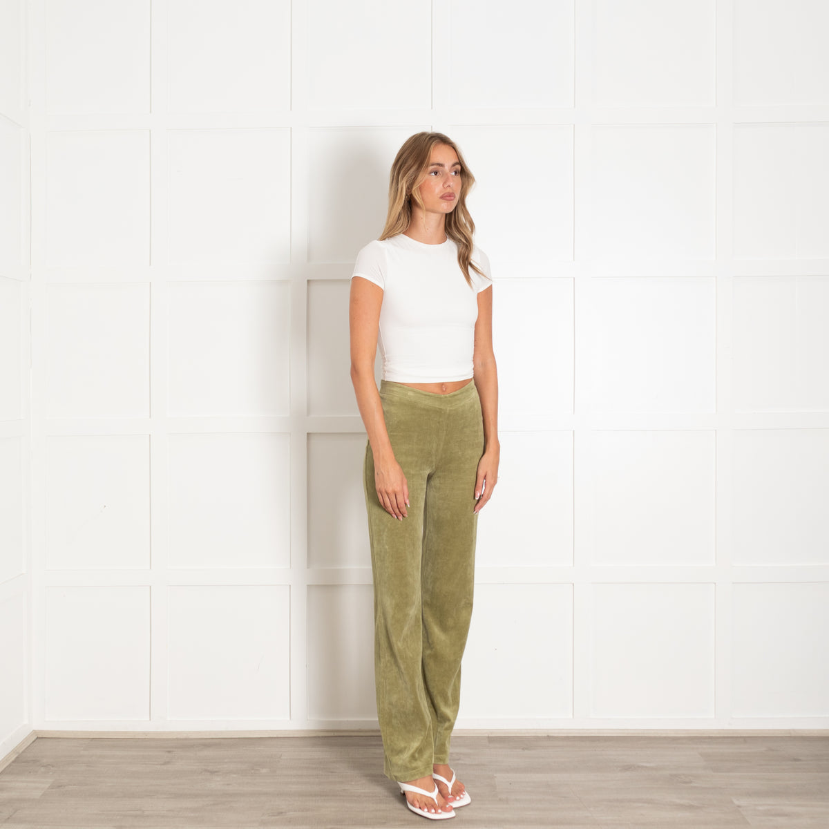 Peachy Den Green Flare Velour Trousers