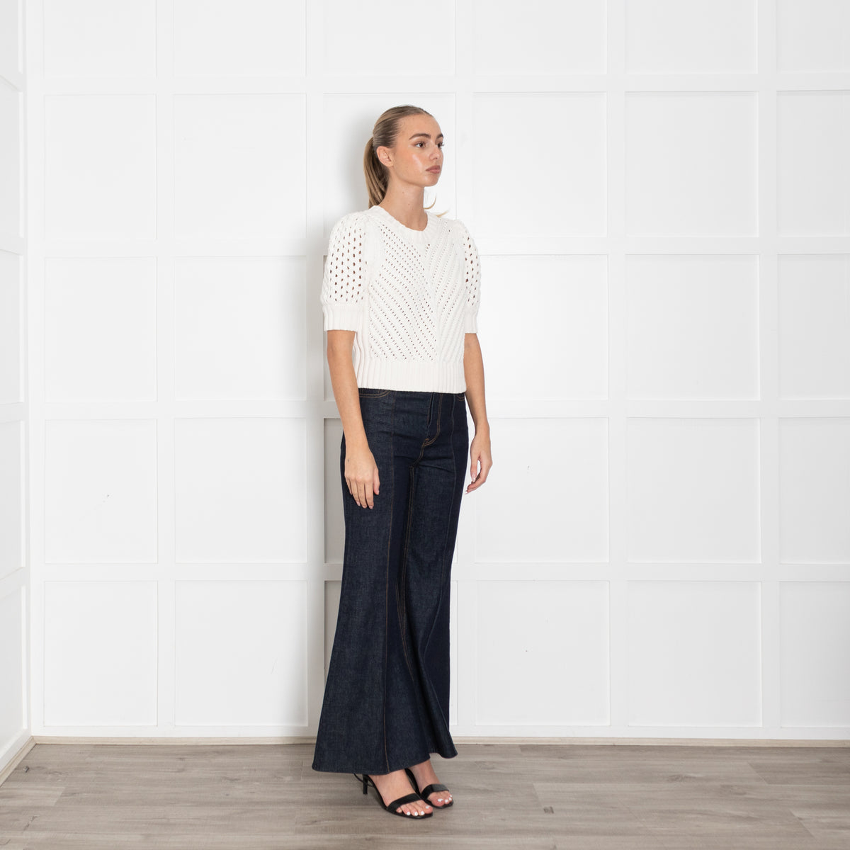 Me + Em Fresh White Cotton Chevron Pouf Sleeve Top