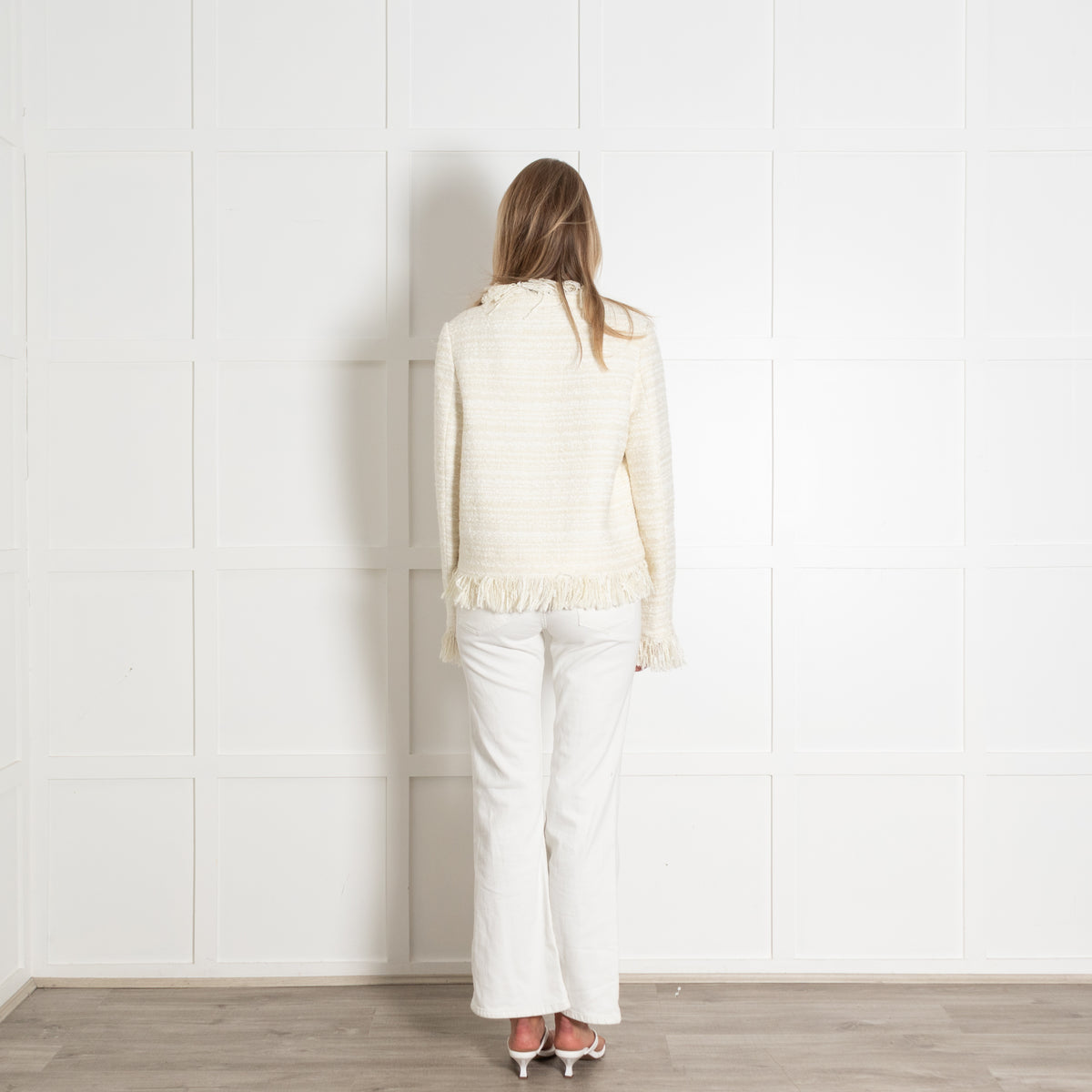Essentiel Antwerp Cream Tweedy Fringe Trim Jacket