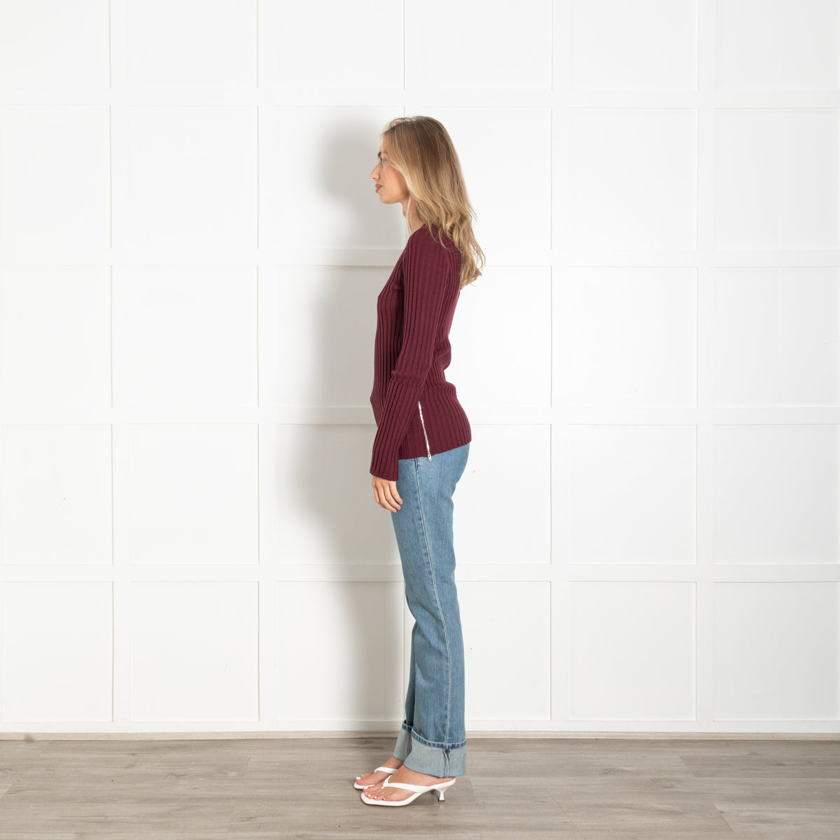 Joseph Burgundy Merino Wool Blend Zip Detail Jumper