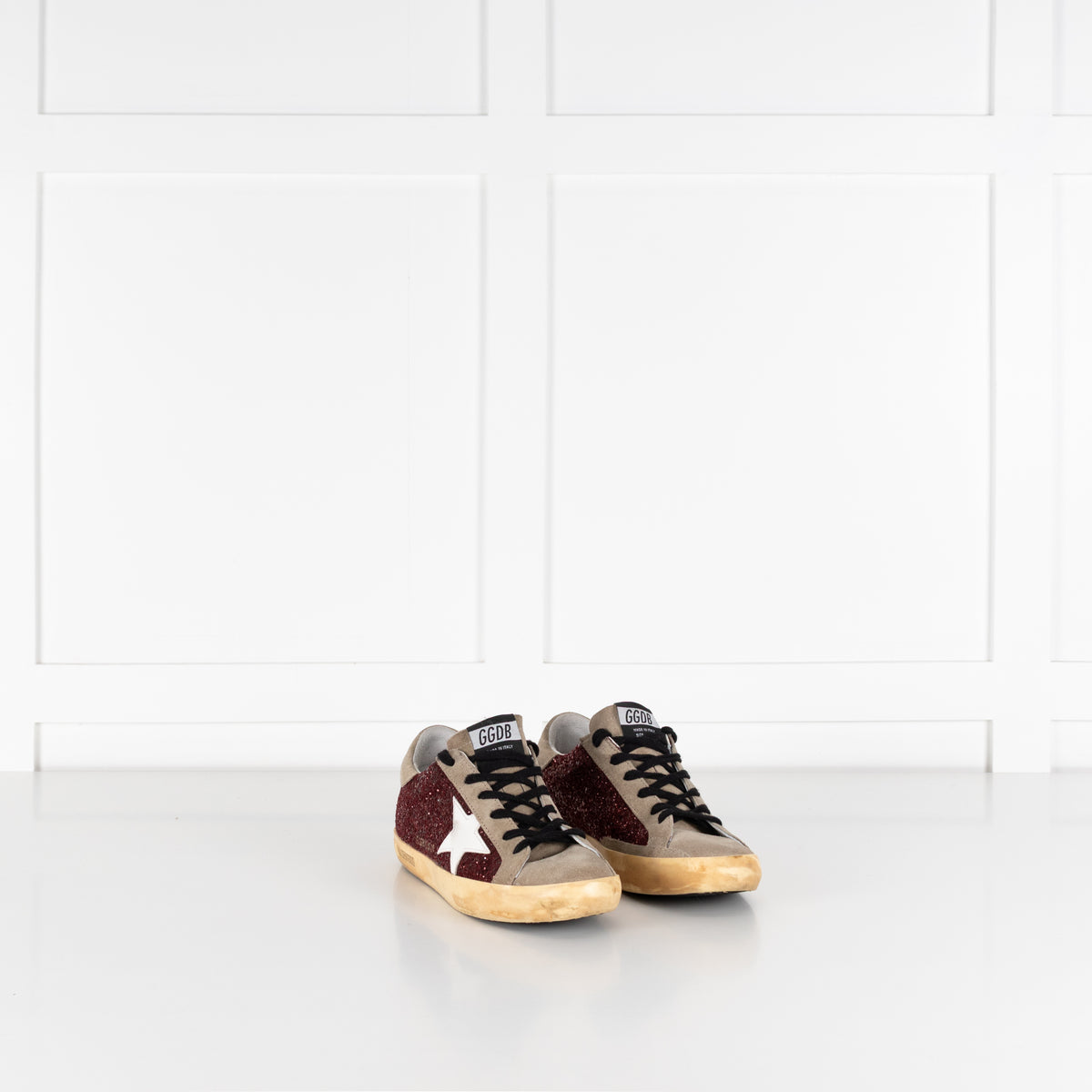 Golden Goose Super-Star Beige And Burgundy Sparkle Trainer