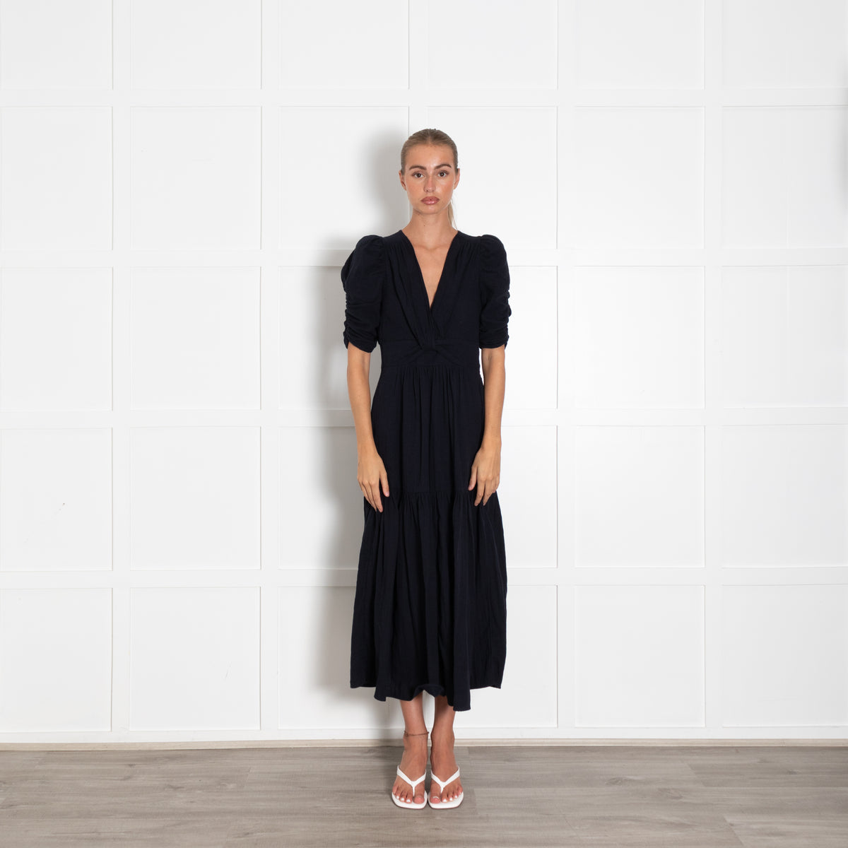 Me + Em Navy Cotton Short Sleeve V-Neck Dress