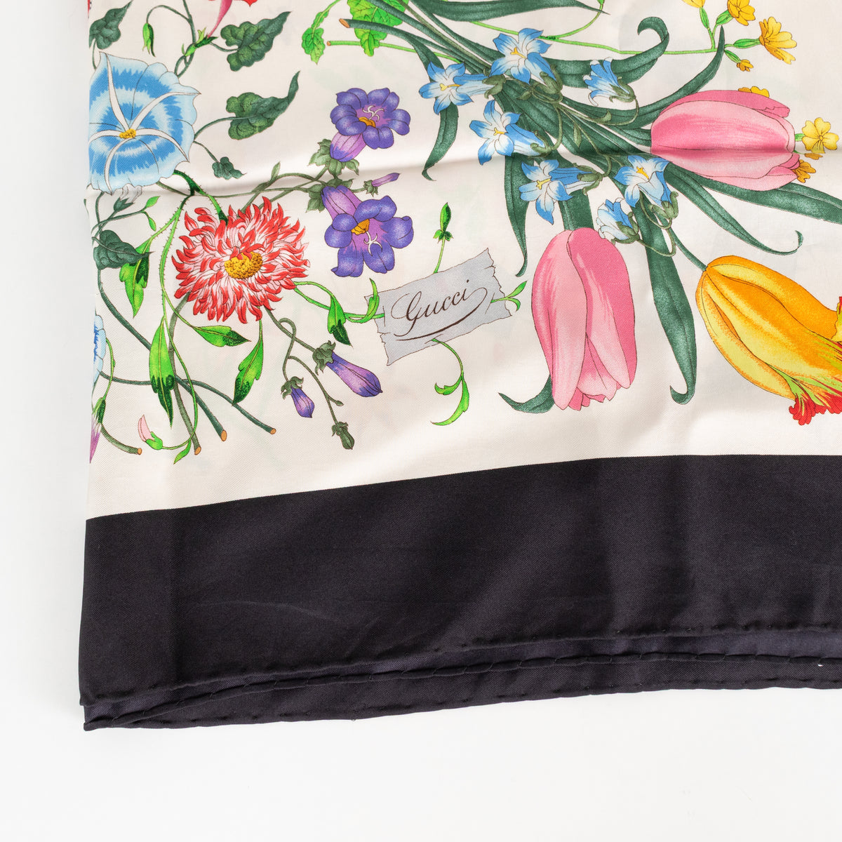 Gucci White Black Multi Floral Silk Square Scarf