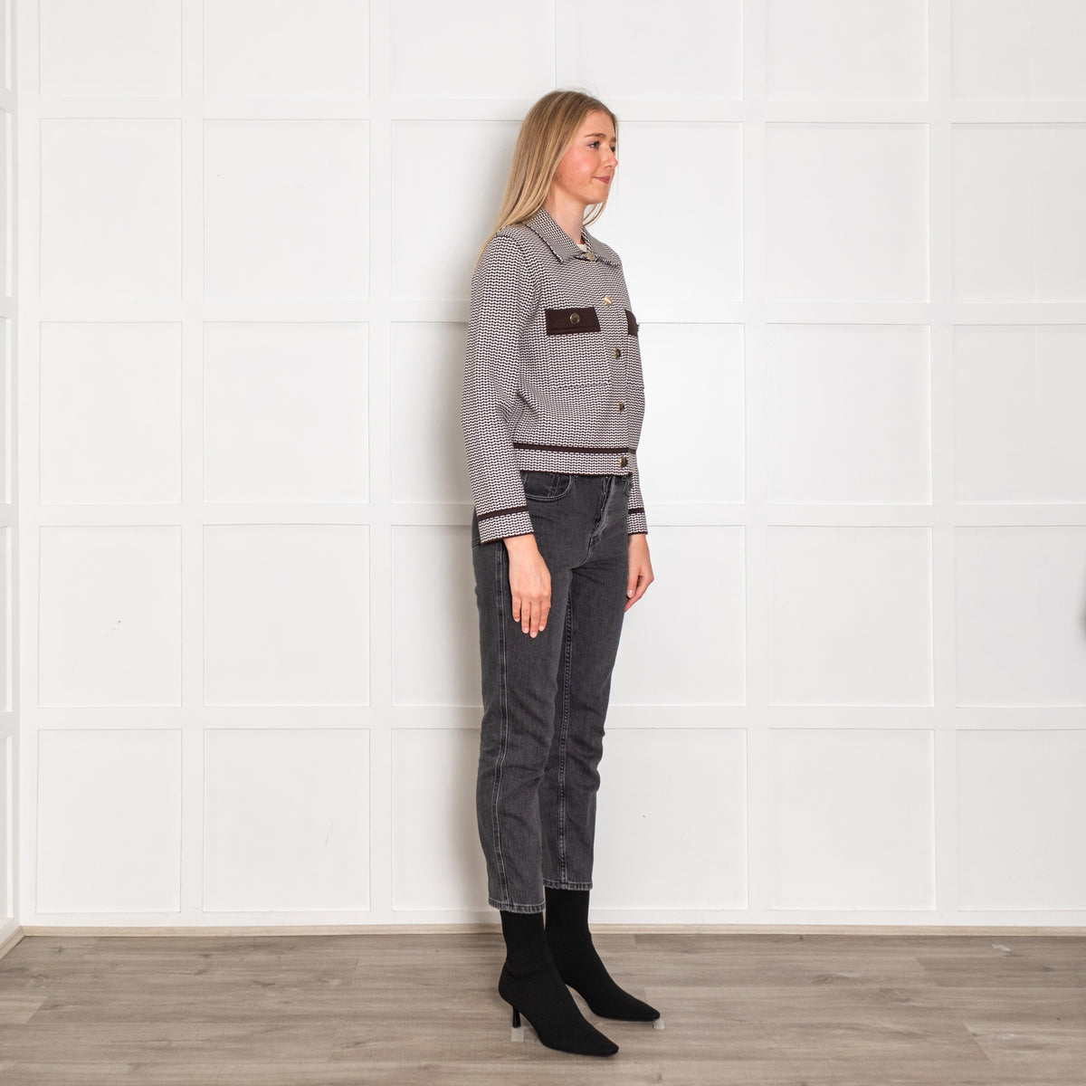 Claudie Pierlot Brown and White Stretch Knit Jacket with Gold Buttons