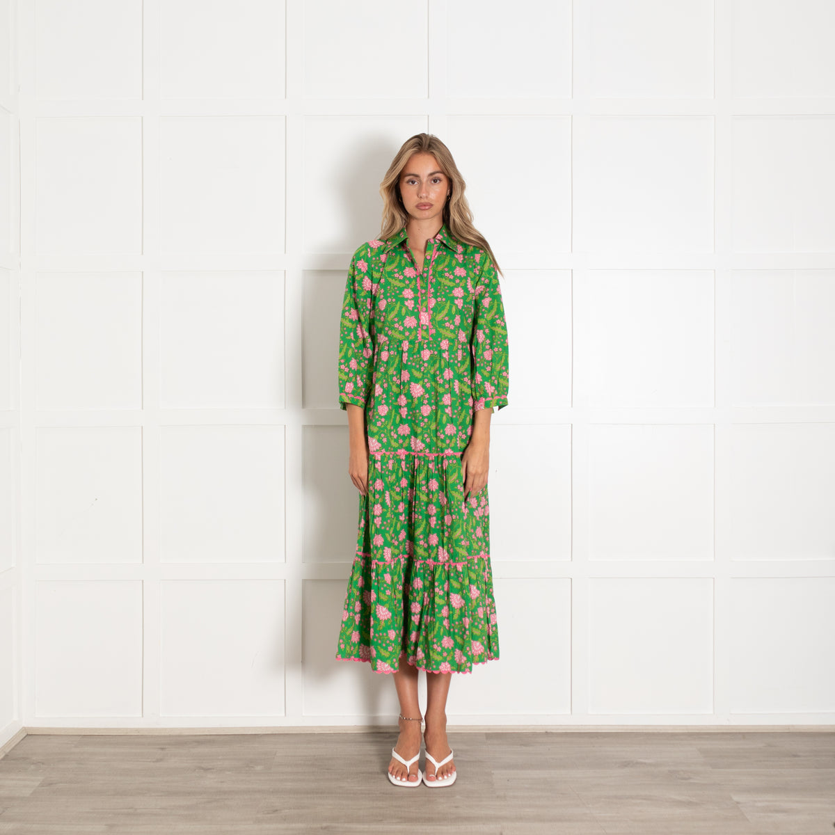 Pink City Prints Green Pink Floral Cotton Maxi Dress