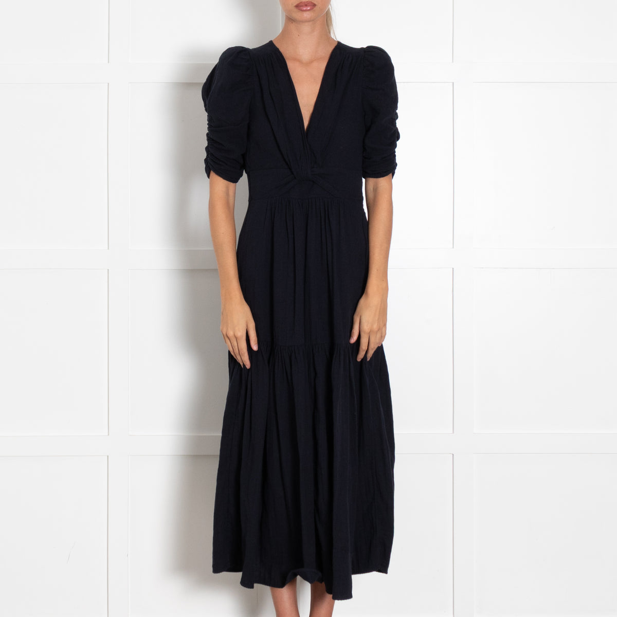 Me + Em Navy Cotton Short Sleeve V-Neck Dress