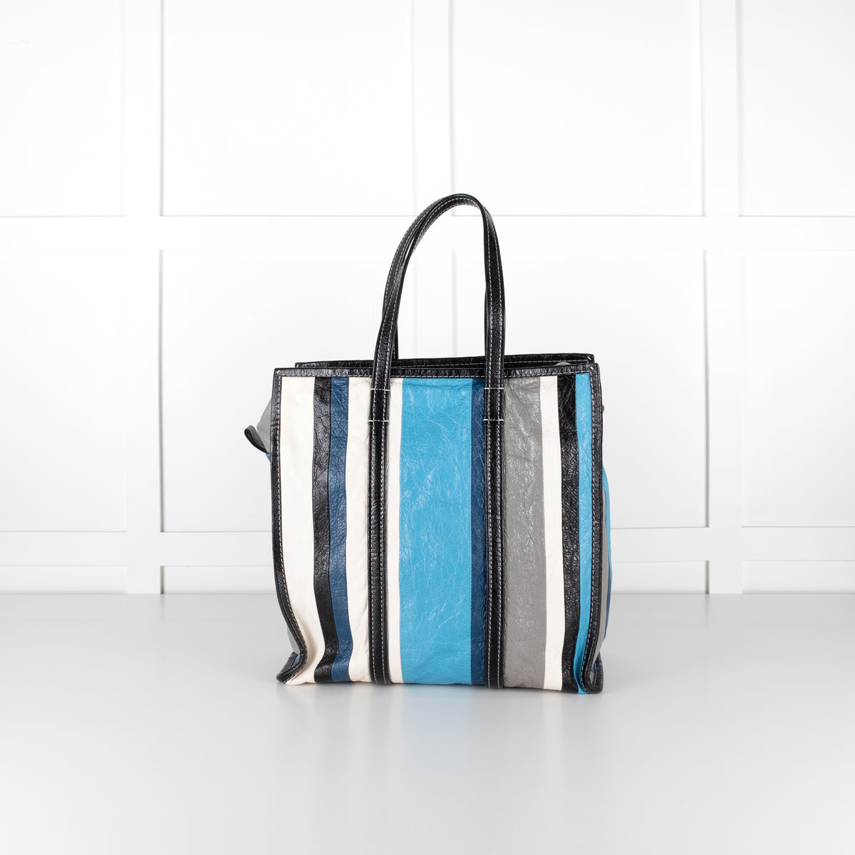 Balenciaga Blue White Grey Stripe Bazar Large Tote