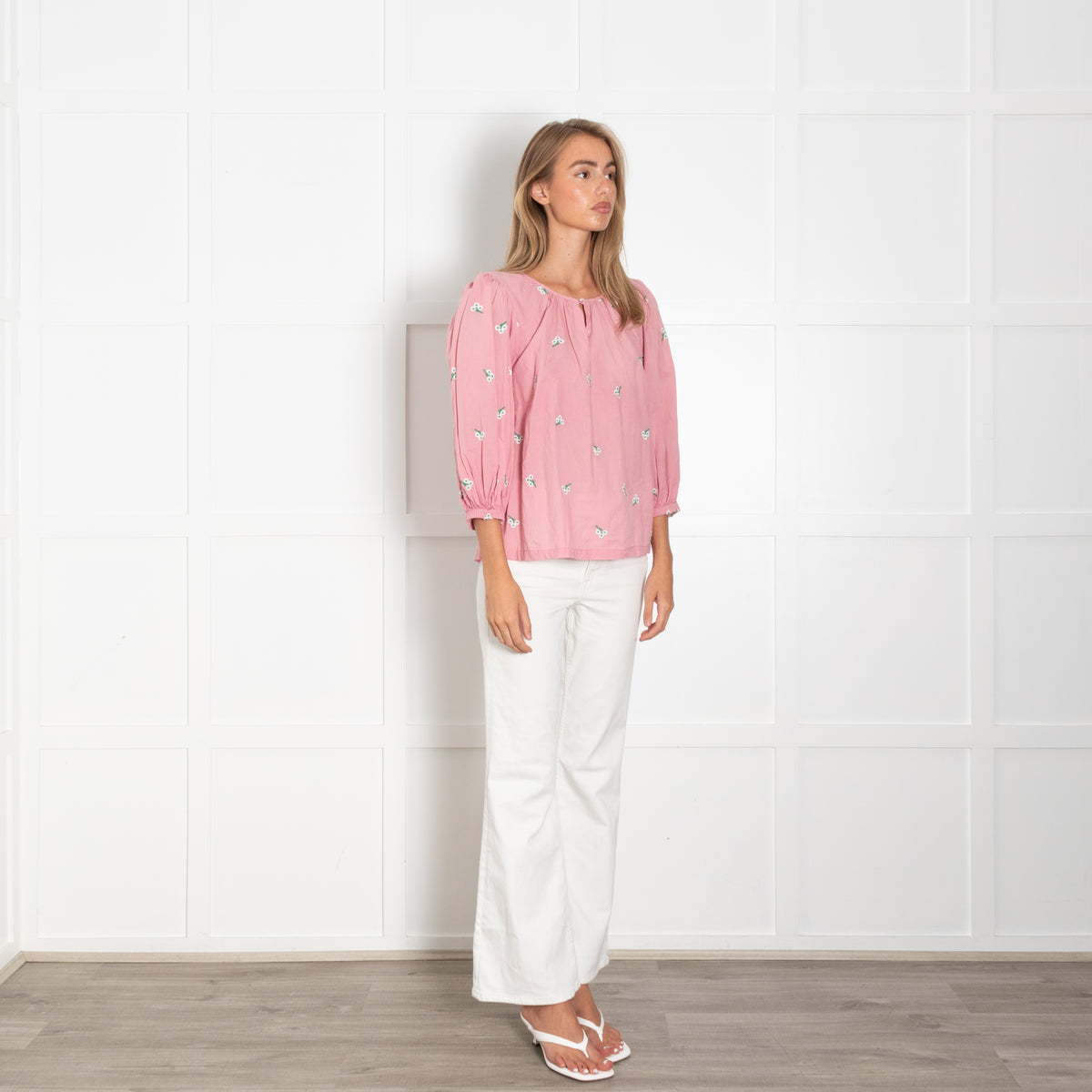 Wyse Pink White Green Embroidery Cotton Top